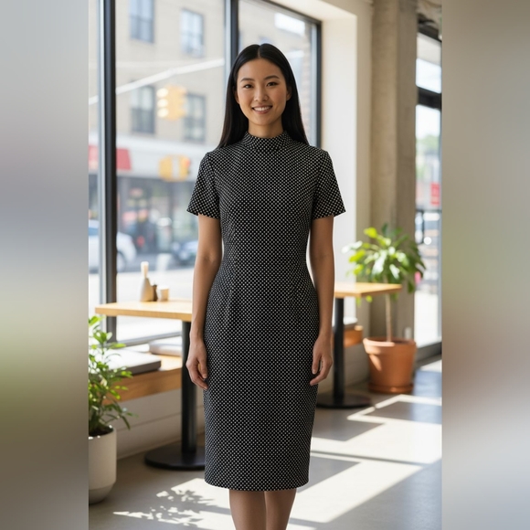 J. CREW sz 6 Black Gold Polka Dot Short-sleeve mockneck jacquard Sheath dress - Picture 1 of 8